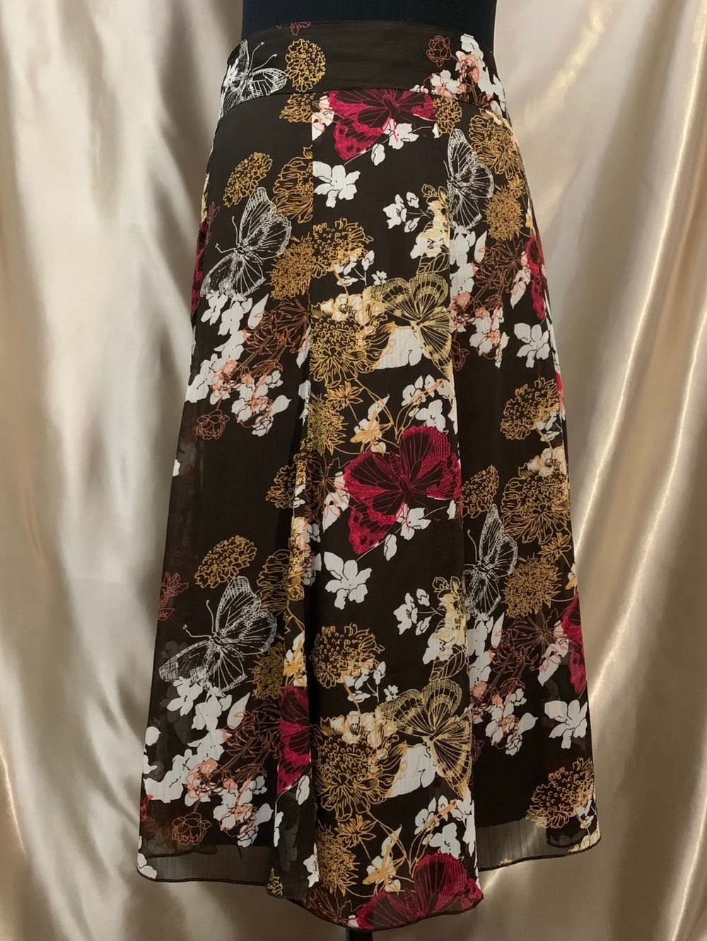 Christopher & Banks Butterfly Floral Chiffon Midi A-Line Skirt Brown Cottage